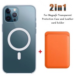 Bezprzewodowe ładowanie Magsafe - przezroczyste etui magnetyczne - magnetyczne skórzane etui na karty - do iPhone'a - pomarań...