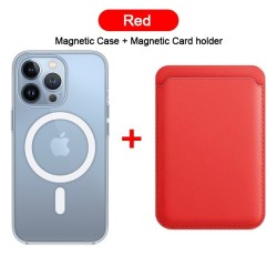Bezprzewodowe ładowanie Magsafe - przezroczyste etui magnetyczne - magnetyczne skórzane etui na karty - do iPhone'a - czerwon...
