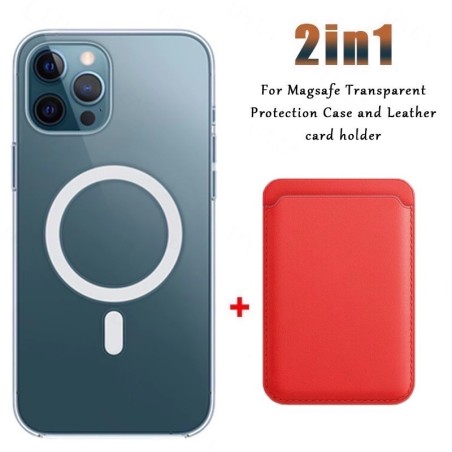 Magsafe wireless charging - transparent magnetic case - magnetic leather card holder - for iPhone - redProtection