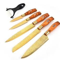 Profesjonalne pozłacane noże kuchenne - obieraczka - stal nierdzewna - drewniana rękojeść - zestaw 6 sztukStal