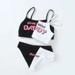 Seksowny komplet bielizny - krótki top - figi - napis COME HERE DADDY PLEASEBielizna