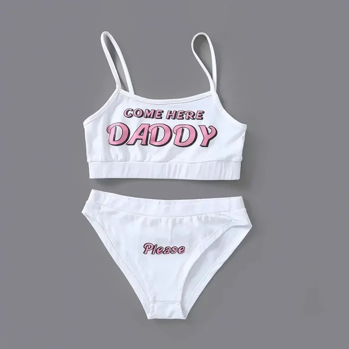 Seksowny komplet bielizny - krótki top - figi - napis COME HERE DADDY PLEASEBielizna