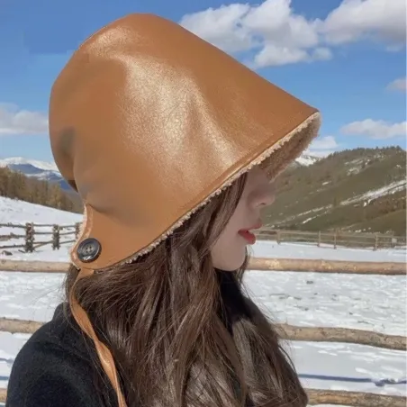 Czapka w stylu kubełka - ciepła zimowa skórzana czapka - koreański stylCzapki & Kapelusze
