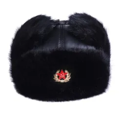 Męska czapka bomberka - czarna rosyjska uszanka - z nausznikami - futro / skóraCzapki