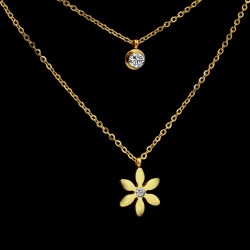 Flower pendant with crystal - double chain necklace - stainless steelNecklaces