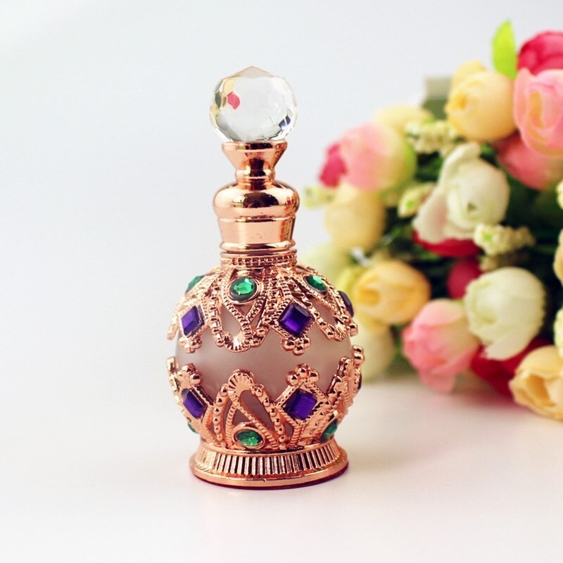 Vintage metalowa butelka na perfumy - ze szklanym zakraplaczem - kryształki - 15 mlPerfumy