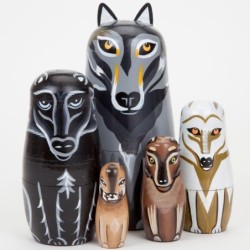 Ręcznie malowany drewniany wilk - gniazdujące lalki - Rosyjska Matrioszka - 5 sztukZabawki