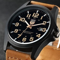 Modny wojskowy zegarek kwarcowy - skórzany pasek - unisexZegarki