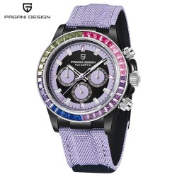 PAGANI DESIGN - mechaniczny zegarek sportowy - chronograf - tęczowy bezel - skórzany pasek - fioletowyZegarki