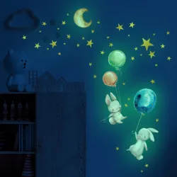 Świecąca naklejka ścienna - tapeta do pokoju dziecięcego - króliczek / księżyc / balony / gwiazdkiNaklejki Ścienne