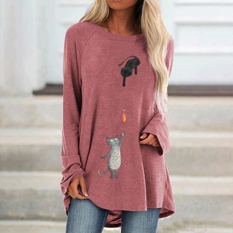 Koszulka z długim rękawem - długi pulower - nadruk dwa koty / rybkaBluzki & Koszulki