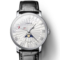 LOBINNI - luksusowy zegarek kwarcowy - faza księżyca - wodoodporny - skórzany pasek - czarny / białyZegarki