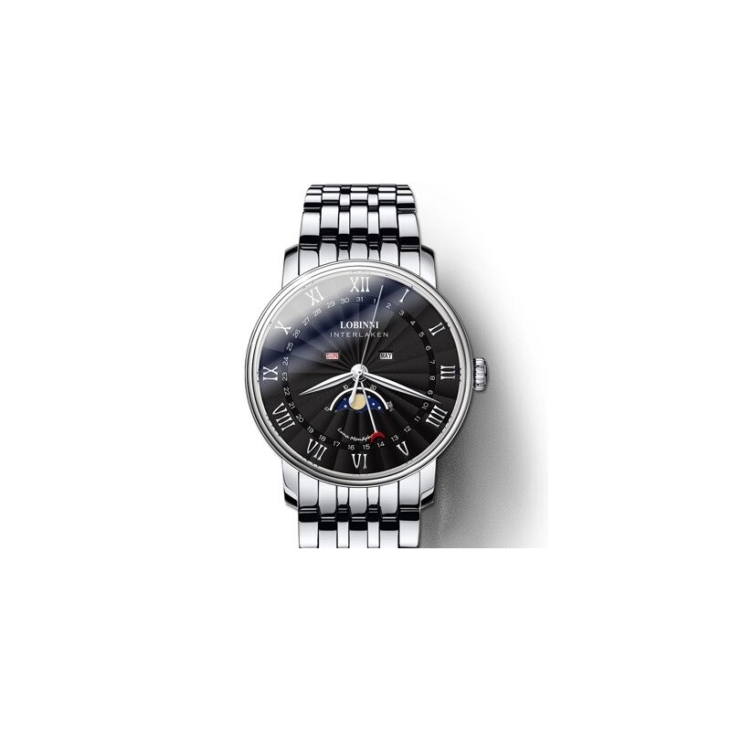 LOBINNI - luksusowy zegarek kwarcowy - faza księżyca - wodoodporny - stal nierdzewna - srebrny / czarnyZegarki