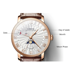 LOBINNI - luksusowy zegarek kwarcowy - faza księżyca - wodoodporny - stal nierdzewna - złoty / białyZegarki