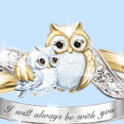 Mother owl with child - crystal ring - "I Will Always Be With You" letteringRings