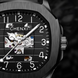 CHENXI - automatyczny mechaniczny zegarek kwarcowy - wodoodporny - konstrukcja szkieletowa - czarnyZegarki