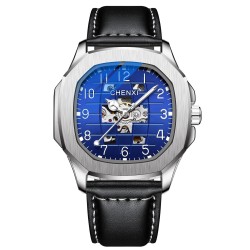 CHENXI - automatyczny mechaniczny zegarek kwarcowy - wodoodporny - konstrukcja szkieletowa - srebrno-niebieskiZegarki