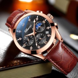 CHENXI - sportowy zegarek kwarcowy - wodoodporny - skórzany pasek - brązowy / czarnyZegarki