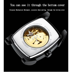 CHENXI - automatyczny kwadratowy zegarek - wydrążony rzeźbiony wzór - skórzany pasek - srebrny / czarnyZegarki