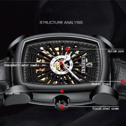 CHENXI - automatyczny kwadratowy zegarek - wydrążony rzeźbiony wzór - skórzany pasek - czarnyZegarki