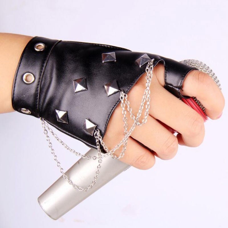 Rękawica skórzana bez palców - z nitami / łańcuszkami - styl punk - unisexRękawiczki