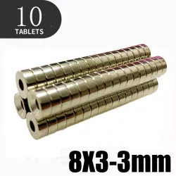 N35 - magnes neodymowy - mocny krążek - 8mm * 3mm - z otworem 3mm - 10 sztukN35
