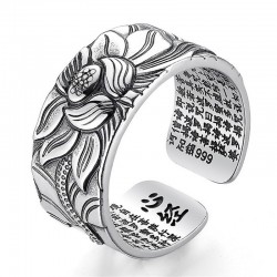 Buddyjski pierścień Sutry serca - lotos - srebrny - zmienny rozmiar - unisexPierścionki