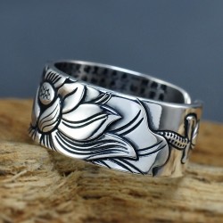 Buddhist heart sutra ring - lotus - silver - resizable - unisexRings