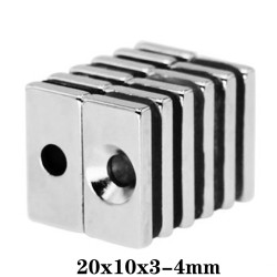 N35 - magnes neodymowy - mocny blok - 20mm * 10mm * 3mm - z otworem 4 mmN35