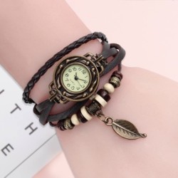 Wielowarstwowa bransoletka vintage - z zegarkiem kwarcowym - koraliki / listekBransoletki