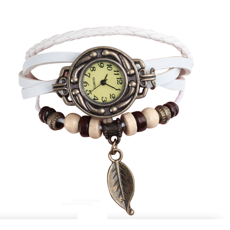 Wielowarstwowa bransoletka vintage - z zegarkiem kwarcowym - koraliki / listekBransoletki