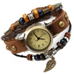 Vintage wielowarstwowa skórzana bransoletka - z kwarcowym zegarkiem / koralikamiZegarki