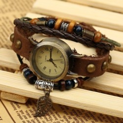 Vintage wielowarstwowa skórzana bransoletka - z kwarcowym zegarkiem / koralikamiZegarki