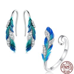 Elegancki komplet biżuterii - kolczyki - pierścionek - niebiesko-zielone piórko z kryształkami - srebro próby 925Kolczyki