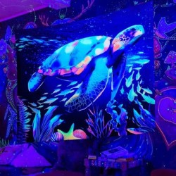 Fluorescent wall tapestry - luminous turtle - underwater world printedTextile