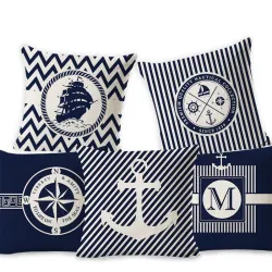 Dekoracyjna niebieska poszewka na poduszkę - ocean / łódka / ster - 50cm * 50cmPoszewek na poduszki