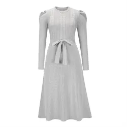 Elegant knitted dress - long sleeve - waist beltDresses