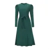 Elegant knitted dress - long sleeve - waist beltDresses