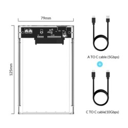 ORICO - 2,5 cala - przezroczysta obudowa HDD - z kablem - typ C Gen 2 - USB3.1External HDD case