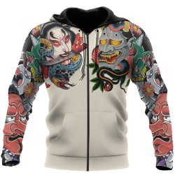 Kultura japońska - nadruk maski z tatuażem - bluza z zamkiem błyskawicznymBluzy & Swetry