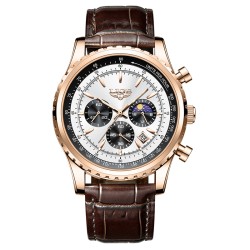 LIGE - luksusowy zegarek kwarcowy ze stali nierdzewnej - świecący - skórzany pasek - wodoodporny - różowe złoto / białyZegarki