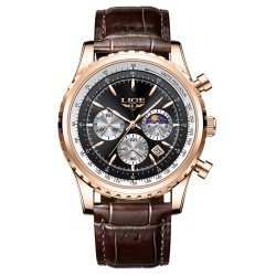 LIGE - luksusowy zegarek kwarcowy ze stali nierdzewnej - świecący - skórzany pasek - wodoodporny - różowe złoto / czarnyZegarki