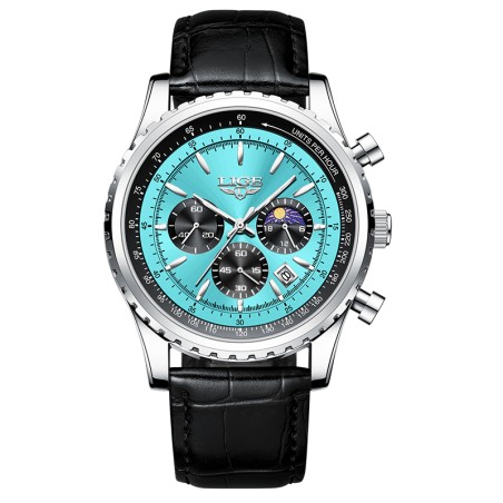 LIGE - luxury stainless steel Quartz watch - luminous - leather strap - waterproof - turquoiseWatches