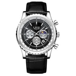 LIGE - luksusowy zegarek kwarcowy ze stali nierdzewnej - świecący - skórzany pasek - wodoodporny - czarnyZegarki