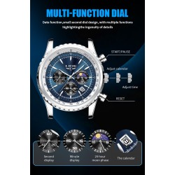 LIGE - luksusowy zegarek kwarcowy ze stali nierdzewnej - świecący - skórzany pasek - wodoodporny - niebieskiZegarki