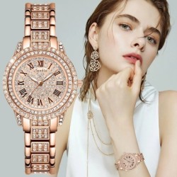 SUNKTA - elegancki kwarcowy zegarek z kryształkami - różowe złotoZegarki