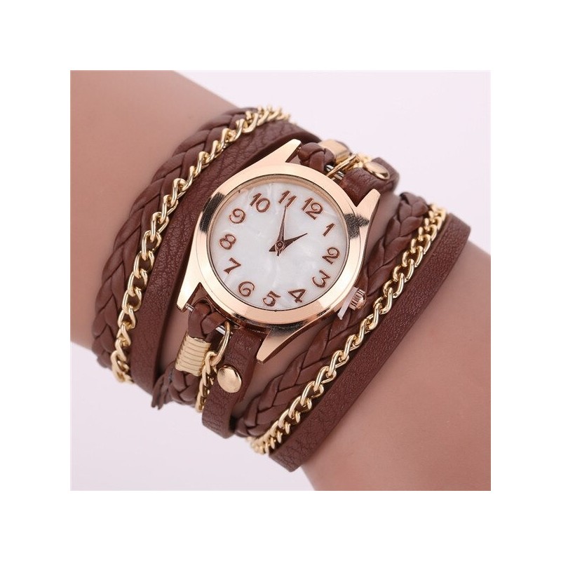 Multilayer leather bracelet - with a round Quartz watchBracelets