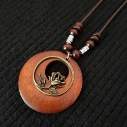 Rope necklace - with round wooden pendant - metal leaf / flower / elephantNecklaces