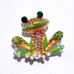 Kolorowa kryształowa żaba - złota broszkaBroszki