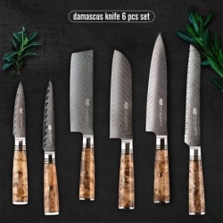 Zestaw noży damasceńskich - ostre ostrze - rękojeść drewniana - uchwyt magnetyczny - 6 sztukStal